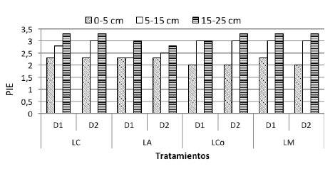 Efecto de sistemas de labranza y densidades de siembra de batata en el promedio de los indicadores estructurales por estrato de suelo. Venezuela. 2014.