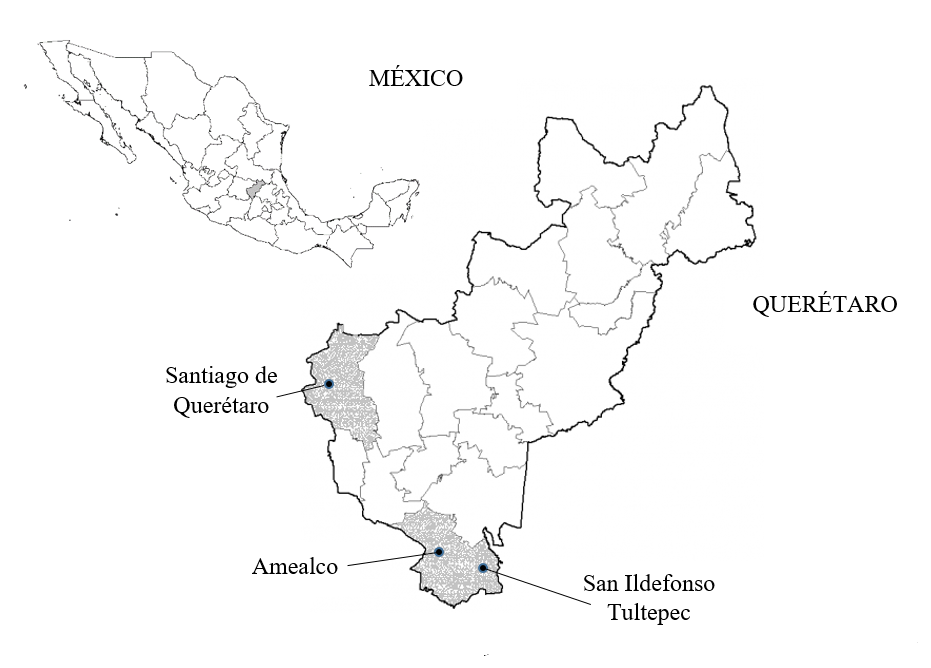 Ubicación de San Ildefonso Tultepec, Amealco y Santiago de Querétaro