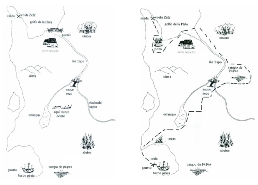 Mapas usados en la tarea Map Task. A la izquierda un mapa sin la ruta, a la derecha un mapa con la ruta. Nótense las variaciones en algunos elementos