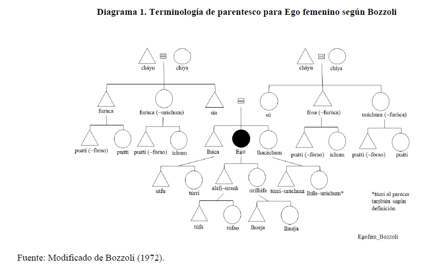 Diagrama 1. Terminología de parentesco para Ego femenino según Bozzoli