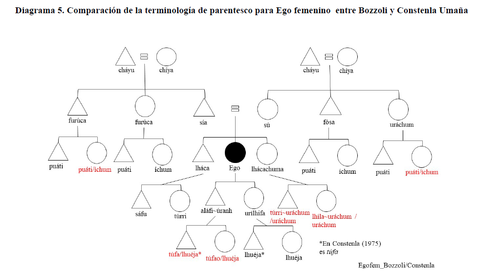 Diagrama 5. Comparación de la terminología de parentesco para Ego femenino  entre Bozzoli y Constenla Umaña