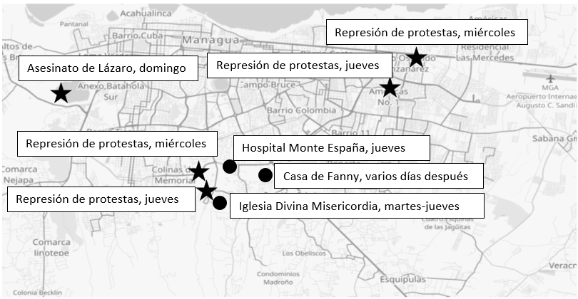 Paraderos del inspector Morales (puntos) y lugares de crímenes (estrellas) en Managua