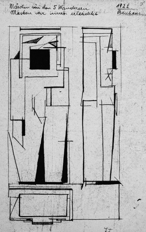 Bauhaus-Archiv Berlin (BHA), Ilse Fehling, bocetos de marioneta (planta abajo, alzado frontal a la izquierda y lateral a la derecha), 1922