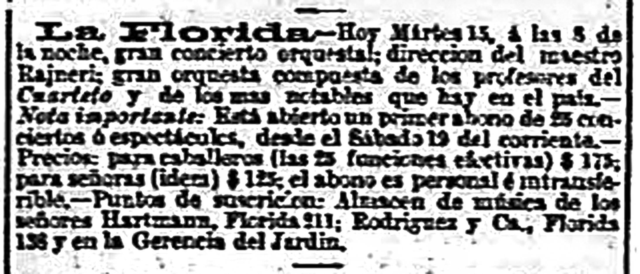 Anuncio del "gran concierto orquestal" en La Florida. La Nación XII, N.º 3354, 15 de noviembre de 1881, p. 2.
