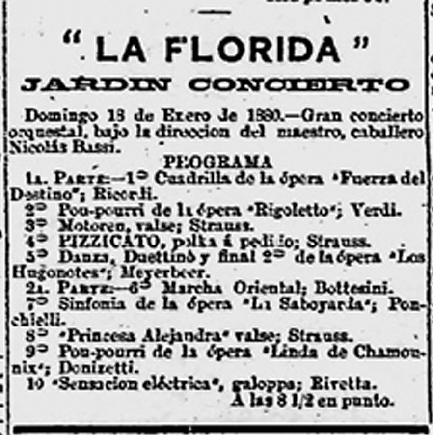 Programa de concierto orquestal en La Florida. La Nación XI, N.º 2818, 17 de enero de 1880, p. 2.