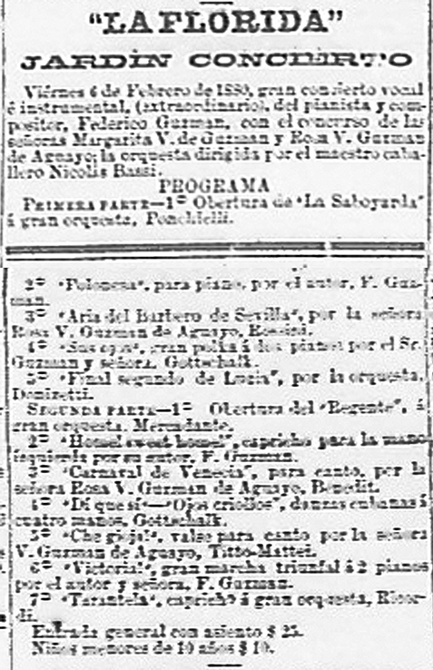 Programa de concierto vocal e instrumental en La Florida. La Nación XI, N.º 2834, 6 de febrero de 1880, p. 2.