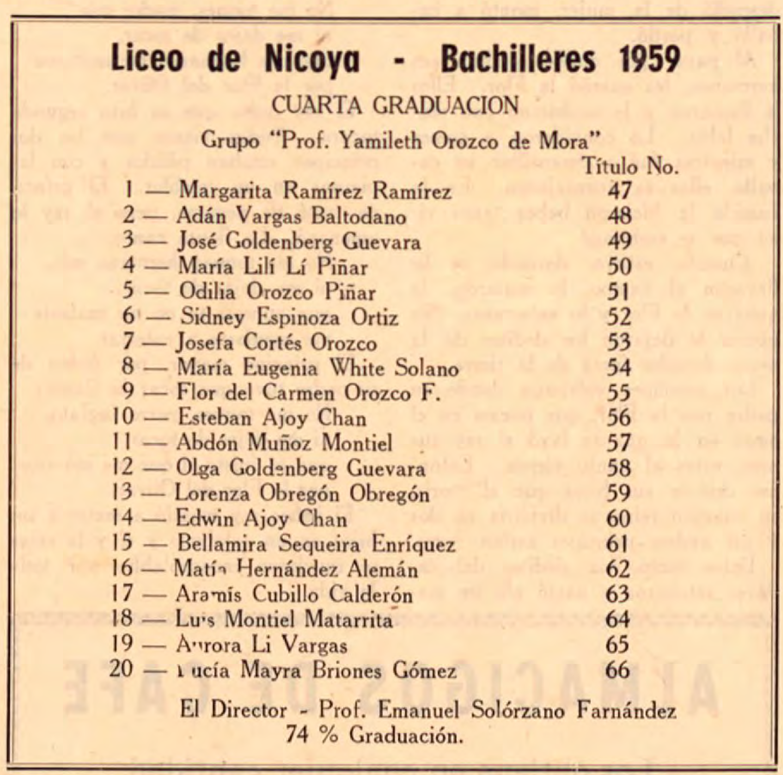 Nota de prensa “Liceo de Nicoya - Bachilleres 1959”
