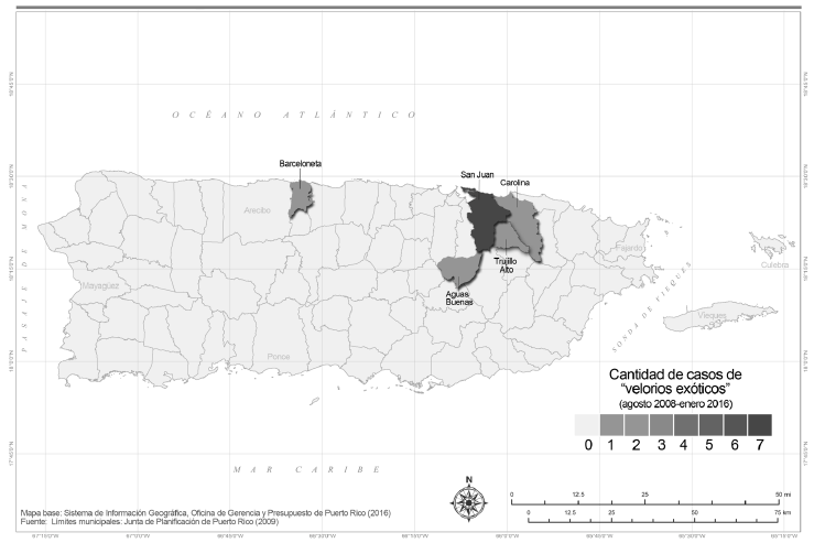 Municipios de Puerto Rico y cantidad de “velorios exóticos” entre agosto 2008 y enero 2016 [Mapa]