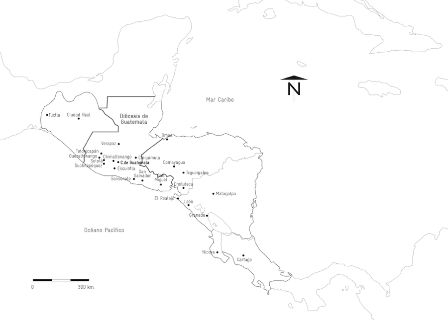 Figura 1. Audiencia de Guatemala, Diócesis de Guatemala y asentamientos principales, 1785