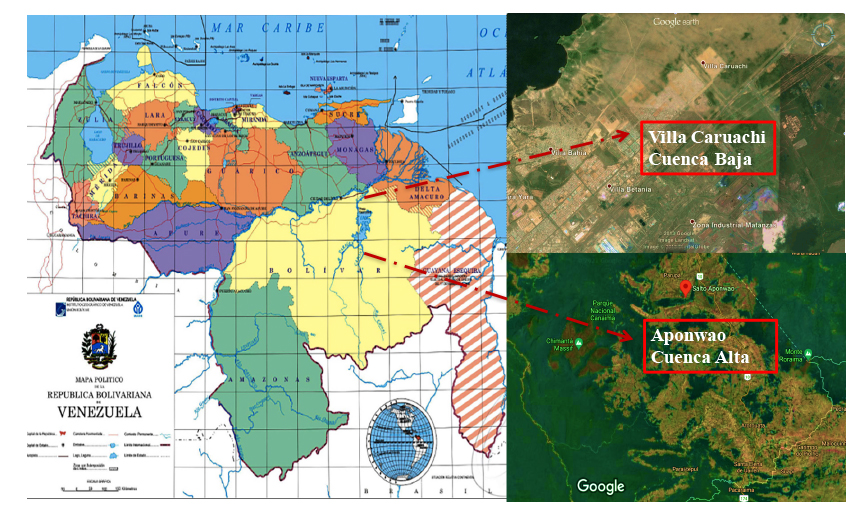 Figura 1. Localización de la cuenca del río Caroní y ubicación de Escalas Comunitarias en el área de estudio