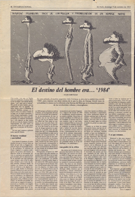 Primera publicación de “El destino del hombre era…´1984´” en la edición del 9 de octubre de 1983 del diario El País de España (CRLA-Archivos, Poitiers)