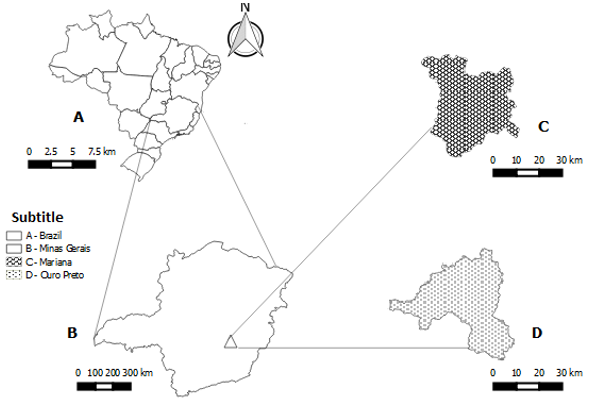 Geographic location of the municipalities in COVID-Inconfidentes study. Mariana and Ouro Preto - Minas Gerais,  Brazil, 2020.
