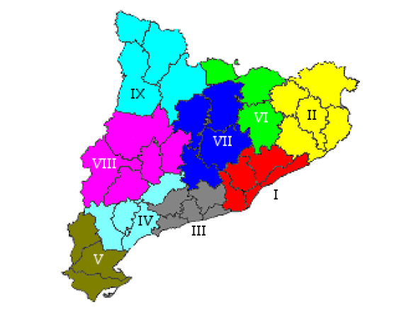 Mapa de Cataluña dividido por comarcas y regiones