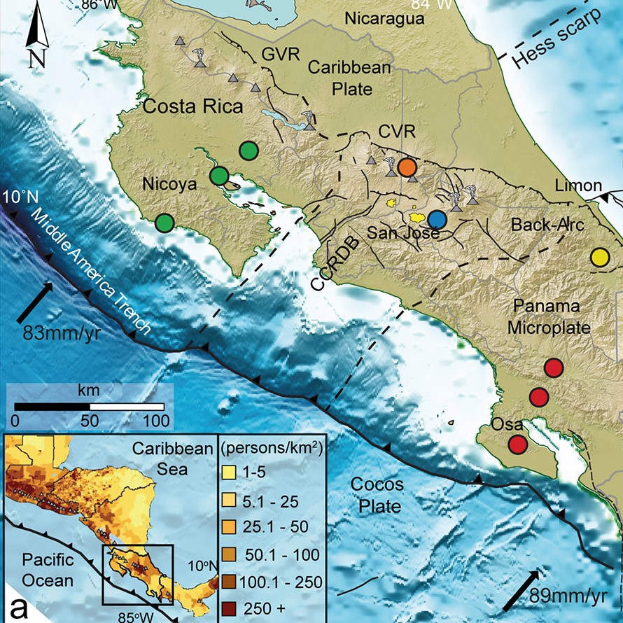 Population distribution for the Central American Volcanic arc (CIESIN 2005). B.) Tectonic and digital elevation map of Costa Rica, including each scenario earthquake location investigated in this study, along with the locations of major faults, population centers, and volcanoes.