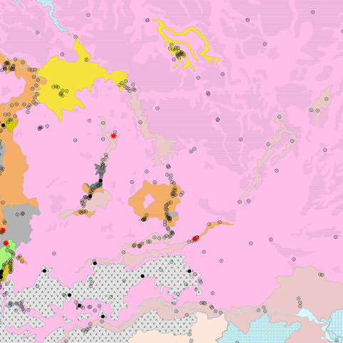 Fragmento del mapa geológico y ubicación de puntos de afloramiento, análisis geoquímicos y dataciones radiométricas dentro de los seis procesos de sedimentación y vulcanismo del área de estudio