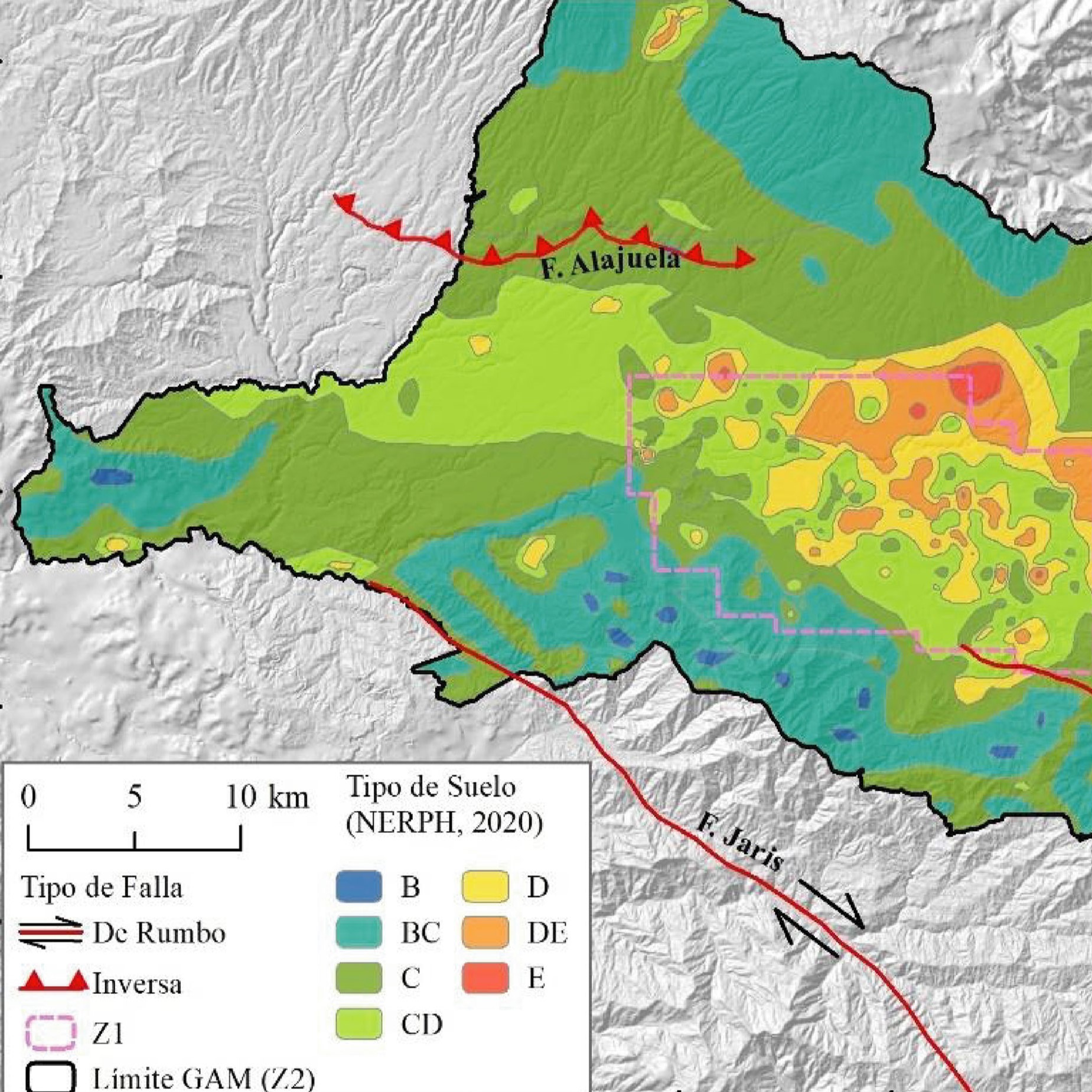 Microzonificación sísmica (efecto de sitio) de la GAM y fallas locales dentro o cerca de la GAM, seleccionadas como escenarios sísmicos