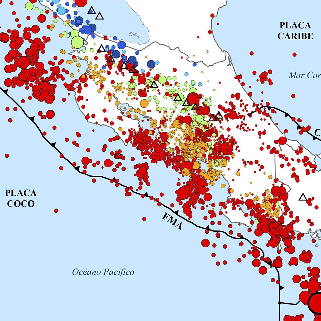 Mapa de epicentros (círculos) de los sismos localizados por la RSN durante el año 2023 en la región de Costa Rica